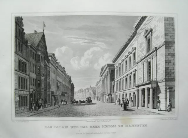 Hannover Niedersachsen Palais und neues Schloss echter alter Stahlstich 1842