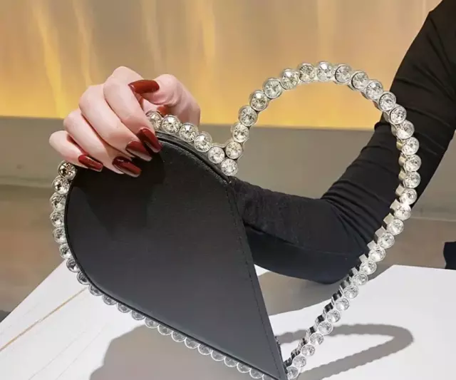 Heart Shaped Crystal Handle Clutch Handbag Trendy and Unique Black Clutch