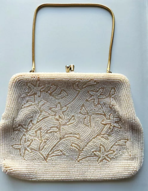 Vintage La Regale White Pearl Beaded Evening Clutch Purse Bag Kiss Lock Gold