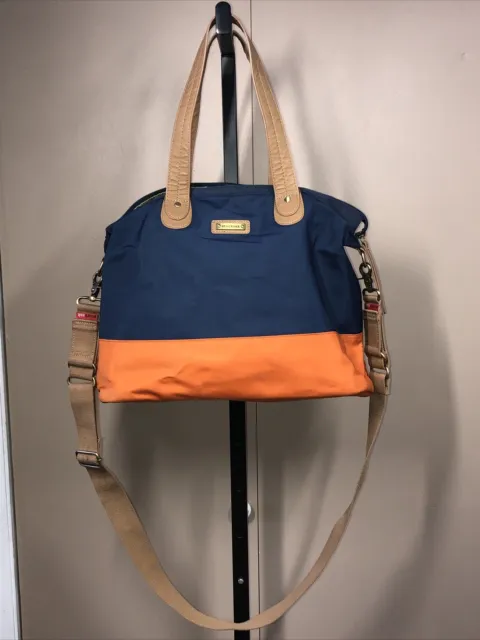 Storksak London Diaper Bag Tote Blue Orange with changing pad 16” x 13”