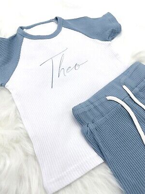 Personalised Name Toddler Tracksuit Kids Short Suit Set Summer Custom Blue