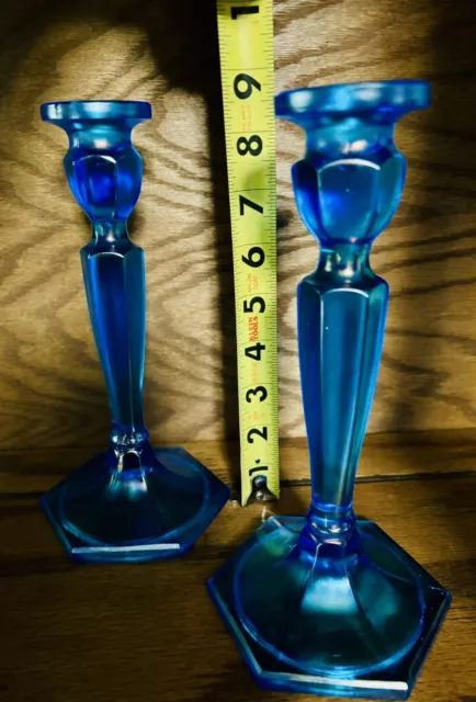 STRETCH GLASS IRIDIZED “CELESTE BLUE" 8.5” PAIR CANDLESTICKS Vintage Fenton