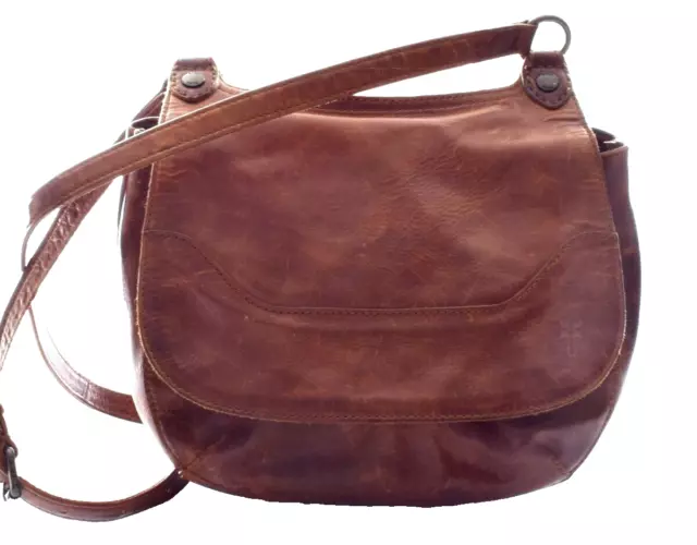 FRYE MELISSA Distressed Saddle Crossbody Brown Leather Bag