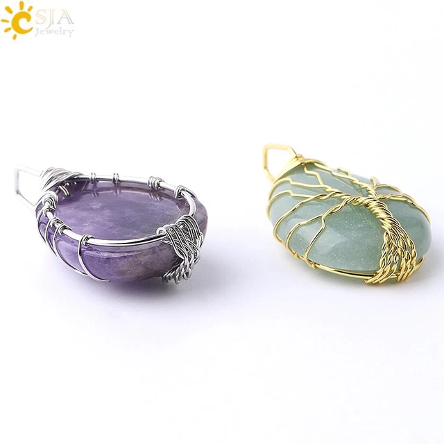 CSJA Tree of Life Necklace Natural Stone Pendant Gold Color Wire Wrap Gem