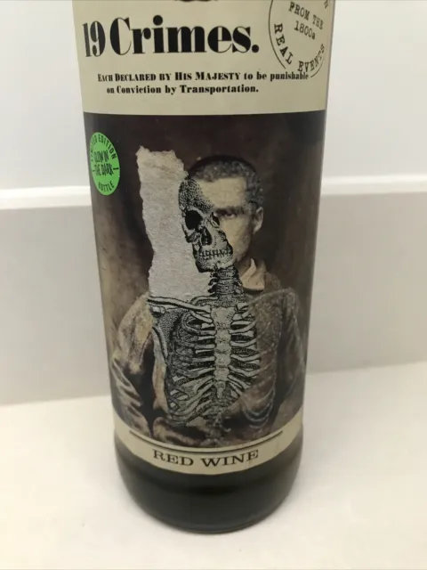19 Crimes HALLOWEEN SKELETON Wine Bottle & cork *EMPTY Spooky Skull Glow In Dark