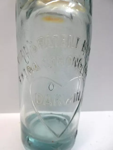 Antique Glass Codd Marble Bottle Embossed Darwin Heart 10 Oz