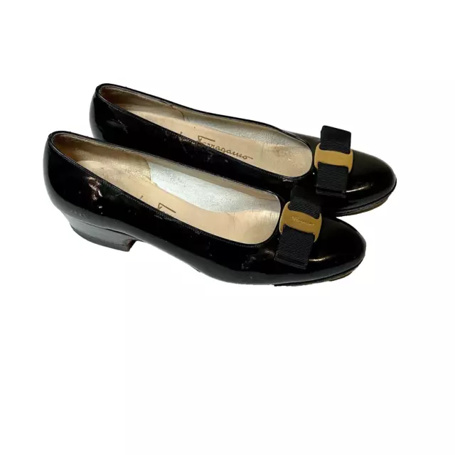 Salvatore Ferragamo Varina Ballet Flats Womens 4.5 B Blac Patent Leather Bow