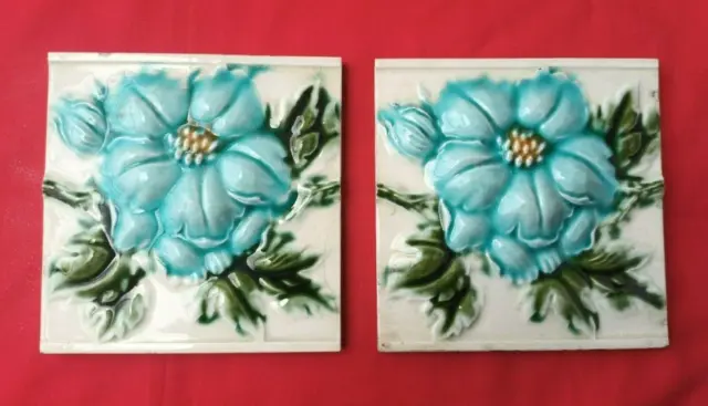 2 Piece Old Art Embossed Flower Design Majolica Ceramic Tiles Japan 0089