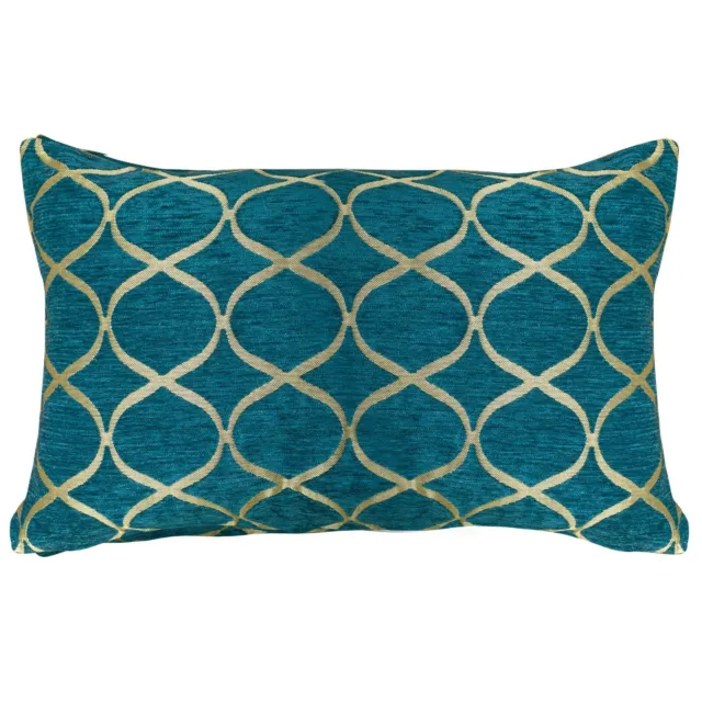 Lattice Velvet Chenille Boudoir Cushion. Teal Blue & Gold Trellis Design. 17x12"