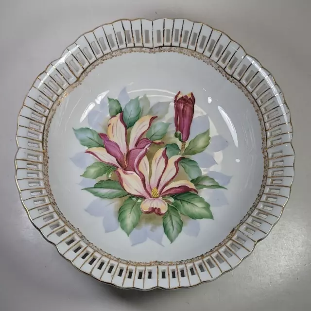 Vintage Ucagco China Bowl w/ Gold Lattice Edges Floral Print Hand Painted Japan