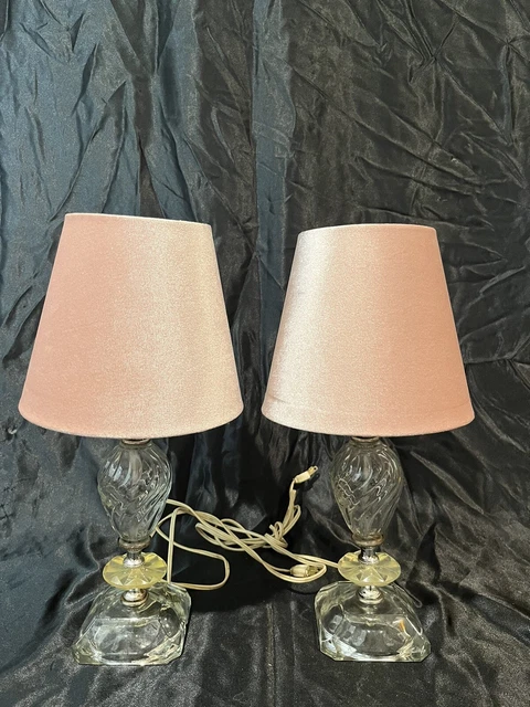 Vtg Pair Small Art Deco Clear Glass Boudoir Vanity Lamps  Pink Velvet Shades