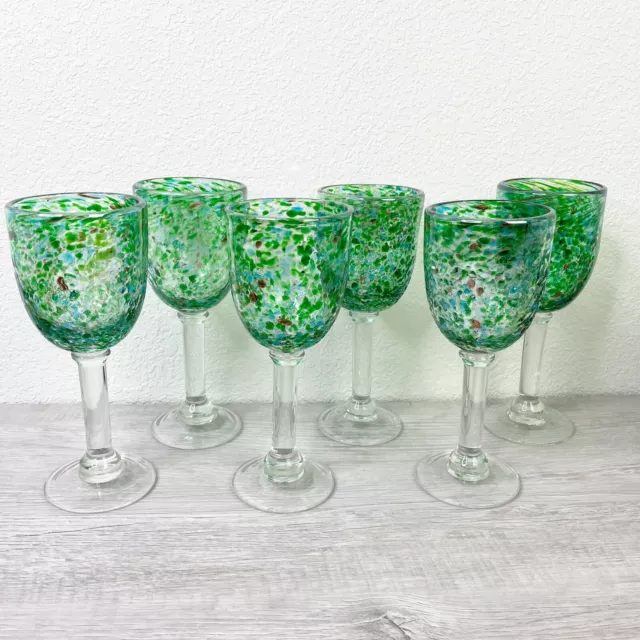 6 Unique Hand Blown Art Glass Wine Goblets Wine Glasses Green Gold Confetti
