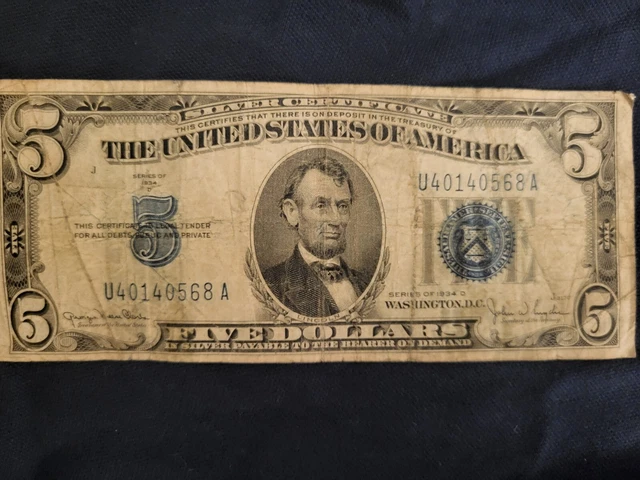 1934 B $5 Silver Certificate,*Rare* Vinson Note,Blue Seal,Circ