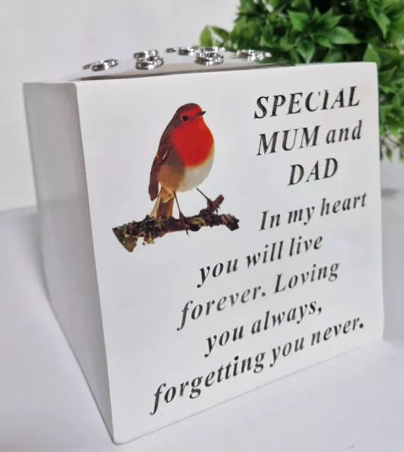 Memorial Christmas Robin Special MUM and DAD Vase Grave Cemetery Cube Flower Pot 2