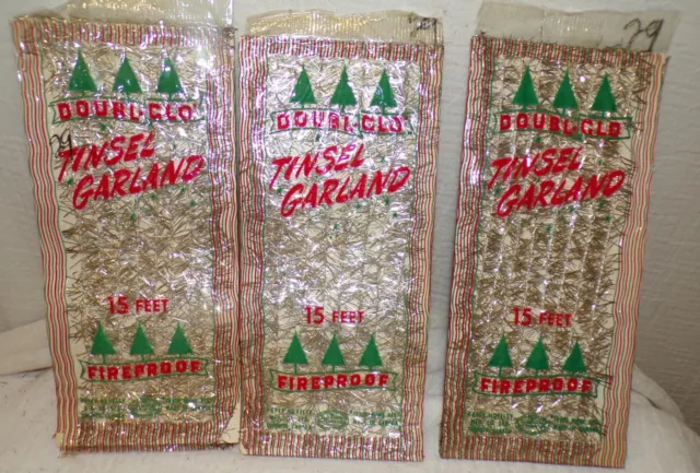 3 VTG 50s MID CENTURY NEW OLD STOCK PACKS OF "DOUBLE GLO" TINSEL GARLAND XMAS