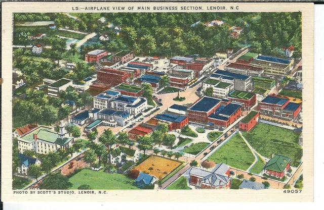 CG-436 NC, Lenoir, Airplane View of Main Business Section, Linen Postcard