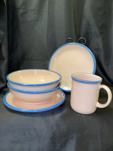 Set Of 5 Rio Century Stoneware Japan Dessert Plates, Bowls, & Mug - Pink & Blue