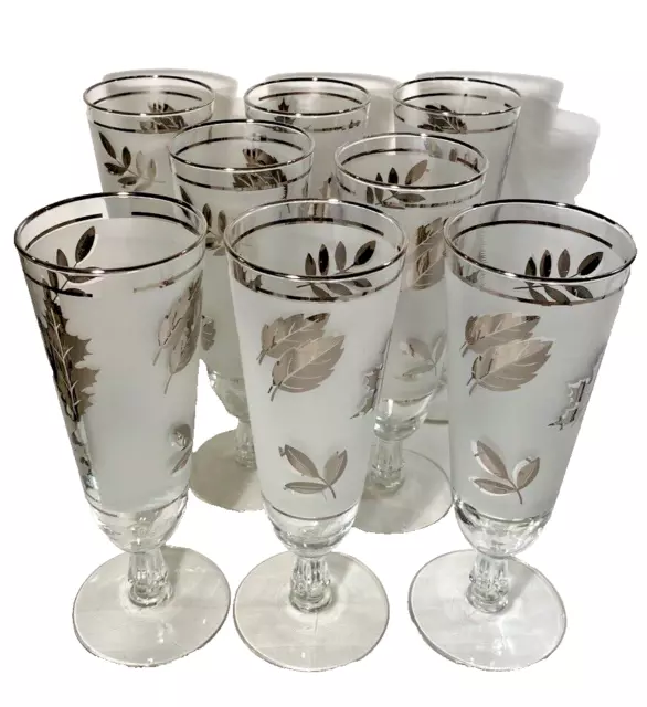 Pilsner/Beer Glasses 8 1/4"H X 3"D Frosted Silver Autumn Leaves Libbey Glass (8)