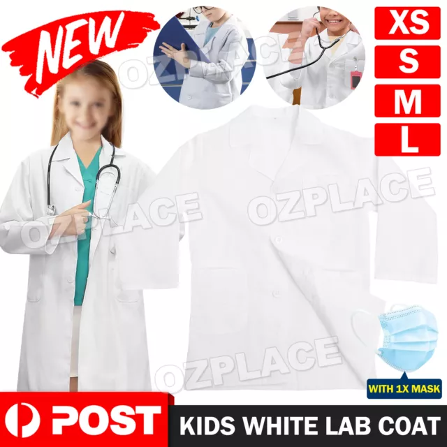 Kids White Lab Coat Doctors Scientist Children Fancy Dress Costume Girls Boys AU
