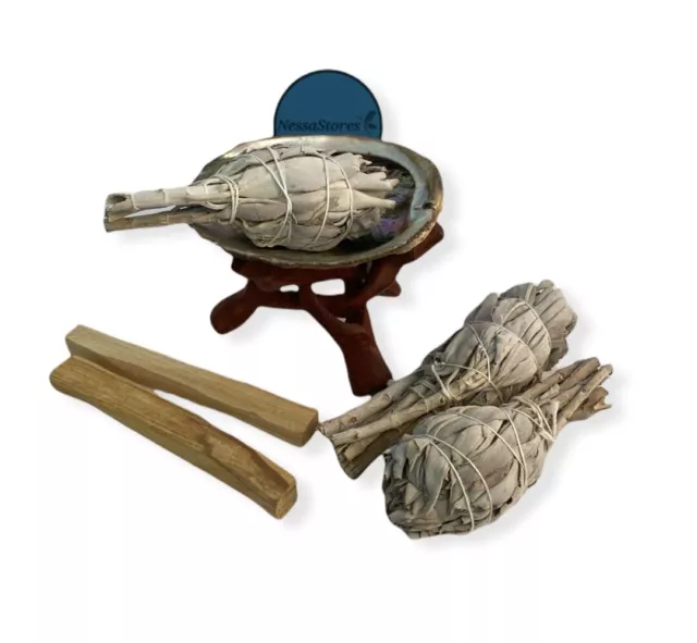 Travel Size Smudge Kit - Shell + Stand + Sage + Palo Santo (1 Kit) #JC-210