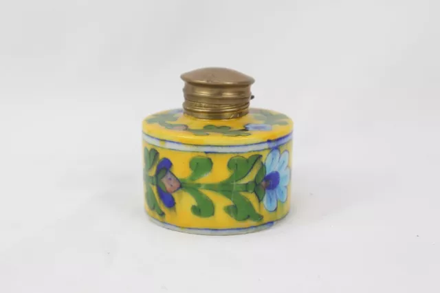 Old Hand-Painted Blue Pottery Ceramic Ink Pot Floral Art - Brass Cap Collectible 3