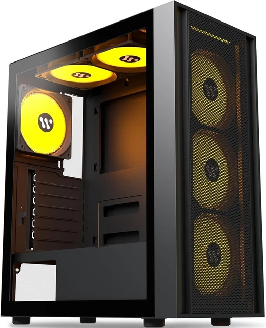 ATX PC CASE Mid Tower Tempered Glass Side Panel 6 PWM ARGB Fans Black £ ...