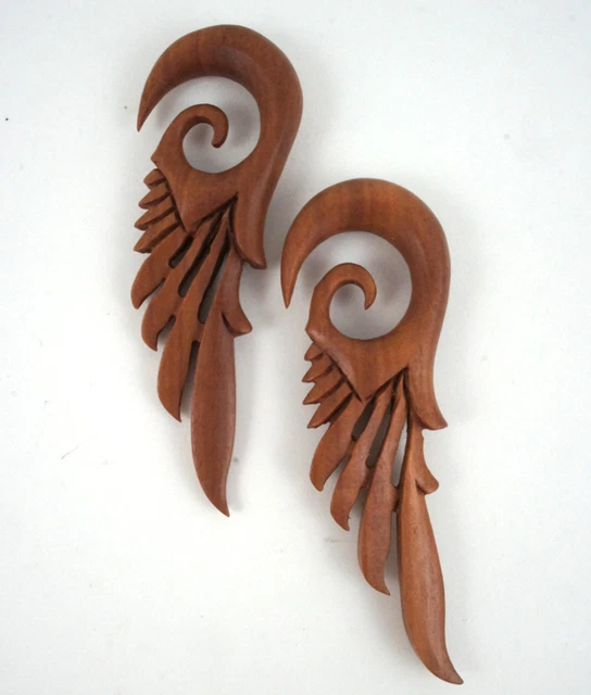 Pair Handmade Organic Wood Robot Mecha Feather Wings Ear Gauge Hang Plugs 4G-5/8