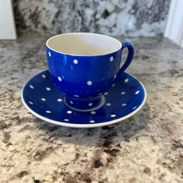 Upsala Ekeby Gefle Tea Cup And Saucer Aminita Blue White Polka Dots Sweden