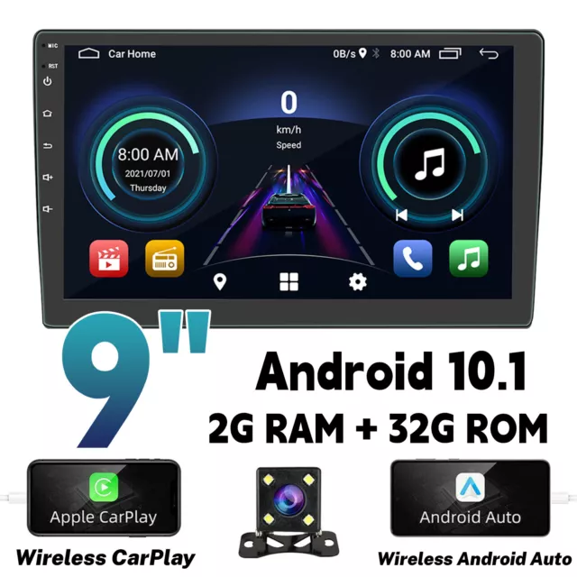 Android 10.1 9" Car Stereo Apple CarPlay Radio GPS Navi WiFi Touch Screen + Cam