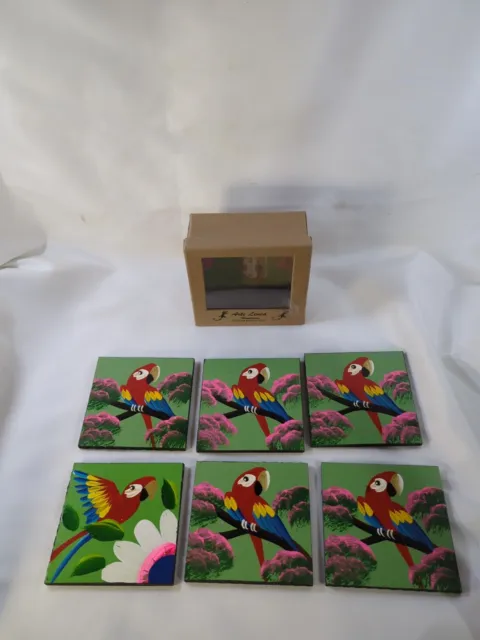 6 Arte Lenca Honduras Square Wood COASTERS W Exotic PARROT BIRD ART DECOR TILE