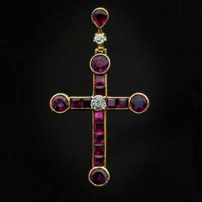 2.10Ct Princess Cut Pink Ruby Diamond Cross Shape Pendant 14K Yellow Gold Finish