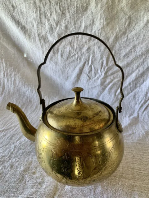 Brass Teapot Floral Etched Made In India Ornate Kettle