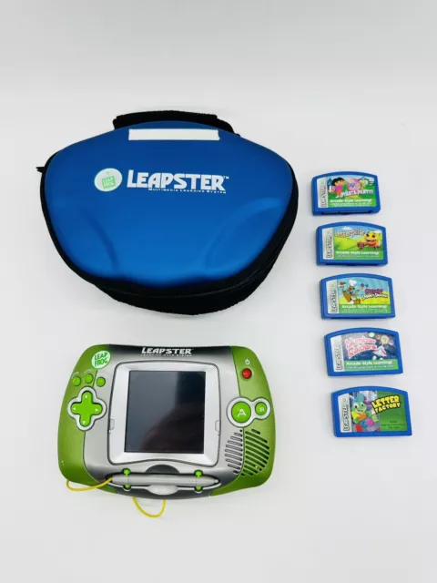 Leap Frog Leapster Learning Game System Green w/5 Games & Case TESTED L@@K