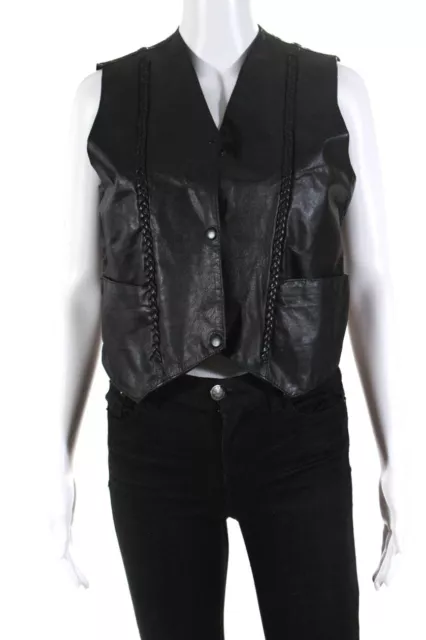 Designer Womens Leather Braided Panel Lace Up Back Vest Black Size M