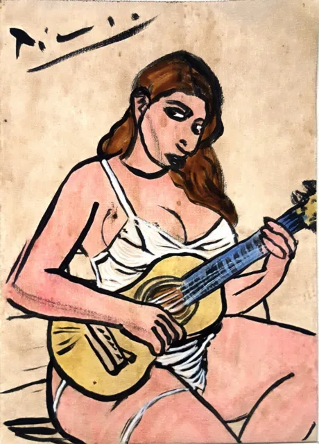 Original Signed Painting Spanish Guitarist Picasso Portrait Hand Canvas w/COA