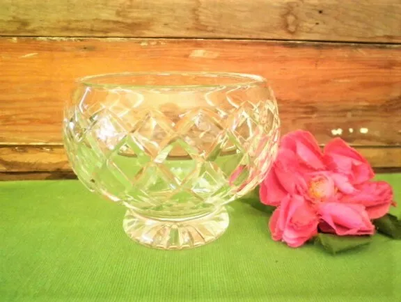 Vintage Crystal Rose Bowl Vase 10.5Cm Diamond Cut Lead Crystal Heavy Art Deco