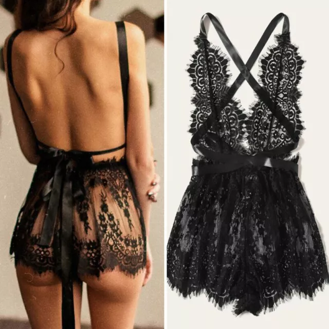 Women Ladies Lace Lingerie Babydoll Underwear Backless Sleepwear Nightwear Black