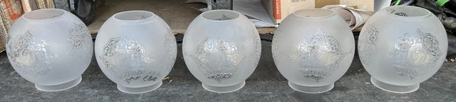 MATCHING SET 5 ETCHED GLASS BALL SHADES Knight Portrait,  4 in. Dia. Fitter Size