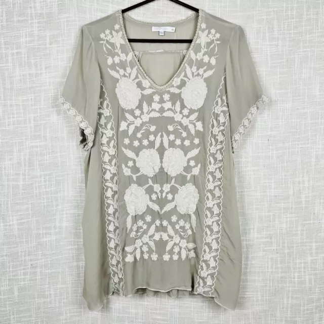 Karyn Seo Kyla XL Beige & Ivory Floral Embroidered Short Sleeve Tunic Top