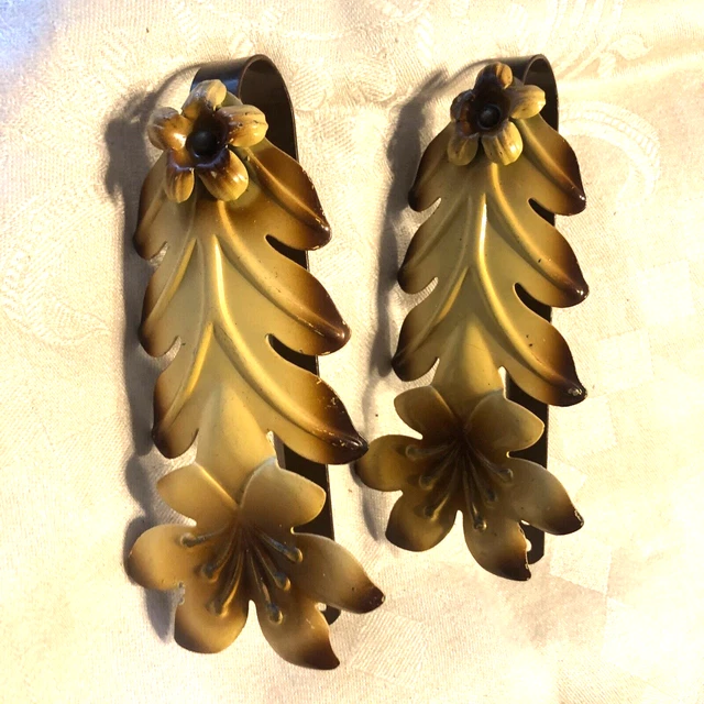 Vintage  Drapery Curtain Pull Back Ties  Embossed Metal Yellow Brown Leaf Floral 9