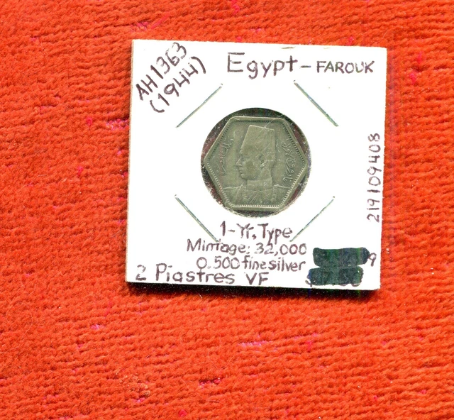 Egypt 1944 1 Year Type 2 Piastres Vf Silver Nr 6.75