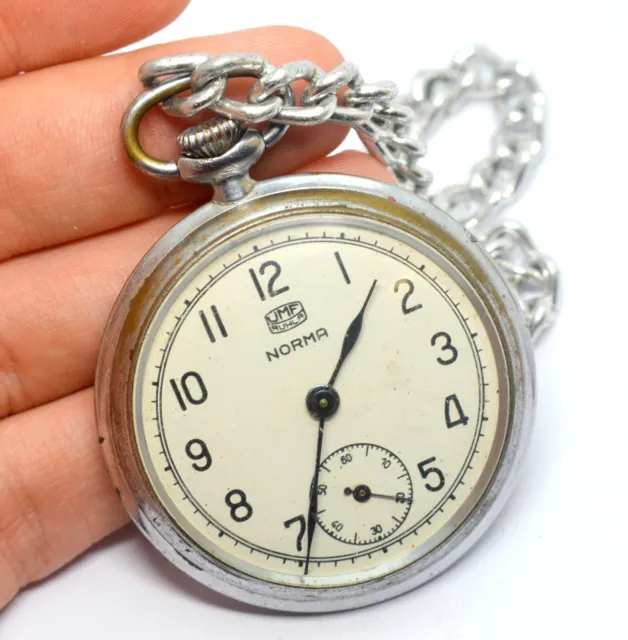 Vintage Umf Ruhla Norma Old Mechanical Pocket Watch With Chain