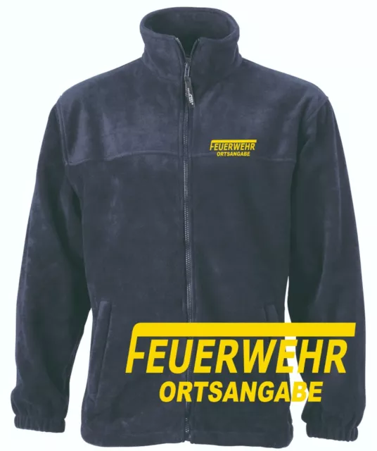 Feuerwehr Fleece Jacke navy mit Brust- und Rückenaufdruck neongelb