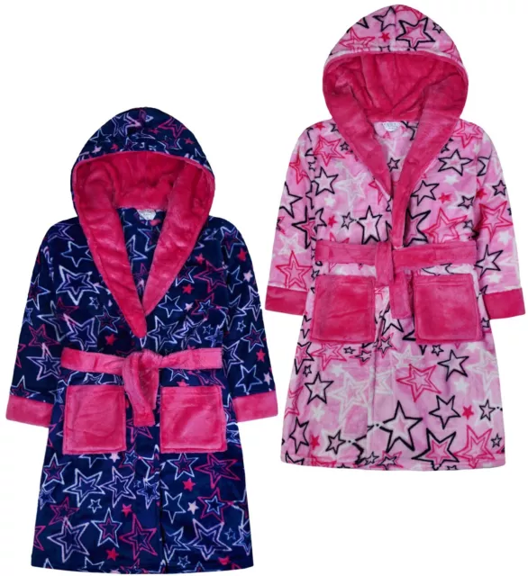 Girls Star Dressing Gown Kids Robe New Night Fleece Bathrobe New Age 2-13 Years