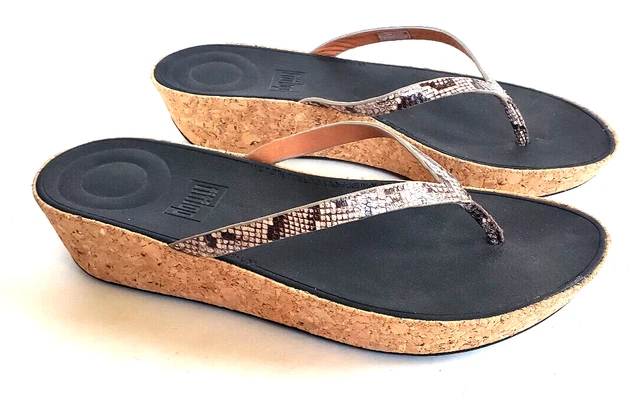 Womens FITFLOP Linny Cork Wedge Snakeskin Flip Flops Thongs Sandals EU 39  8.5-9