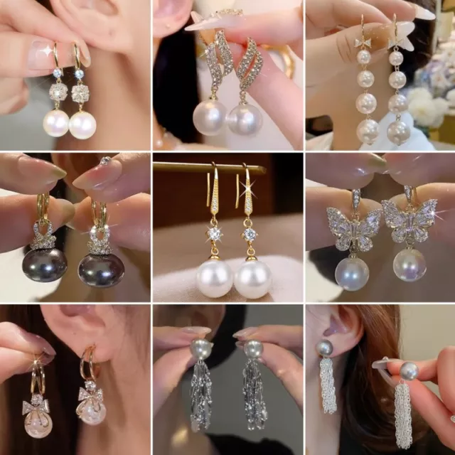 925 Silver Pearl Zircon Butterfly Bowknot Tassel Earrings Stud Drop Dangle Gift