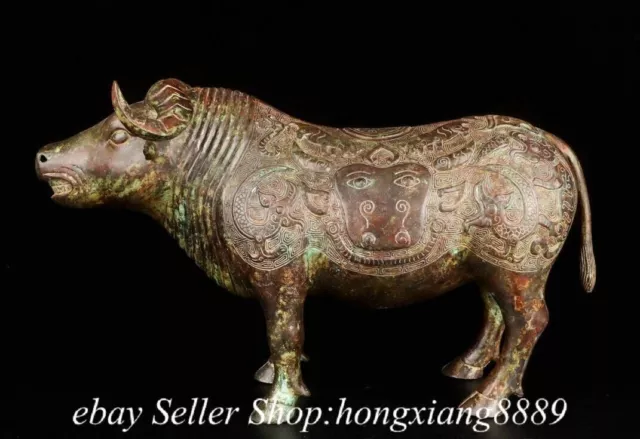 14" Old Chinese Shang Dynasty Bronze Ware Feng Shui Bull Oxen Animal Statue