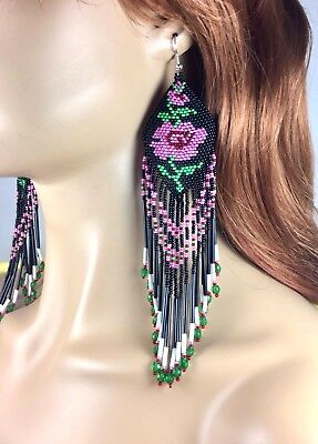New  Beaded Handmade Native Inspired Black Extra Long Rose Flower Earrings E58/2