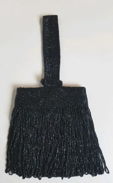 Vintage  Antique Women's  Black Beaded Clapper Fringe Purse Handbag