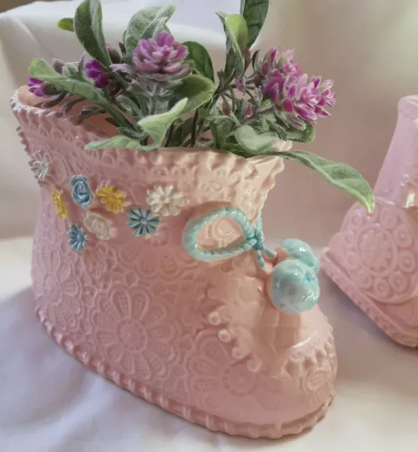 Vtg Napcoware Japan Nursery Planter Pink Baby Girl Bootie  Raised FLOWERS 8574